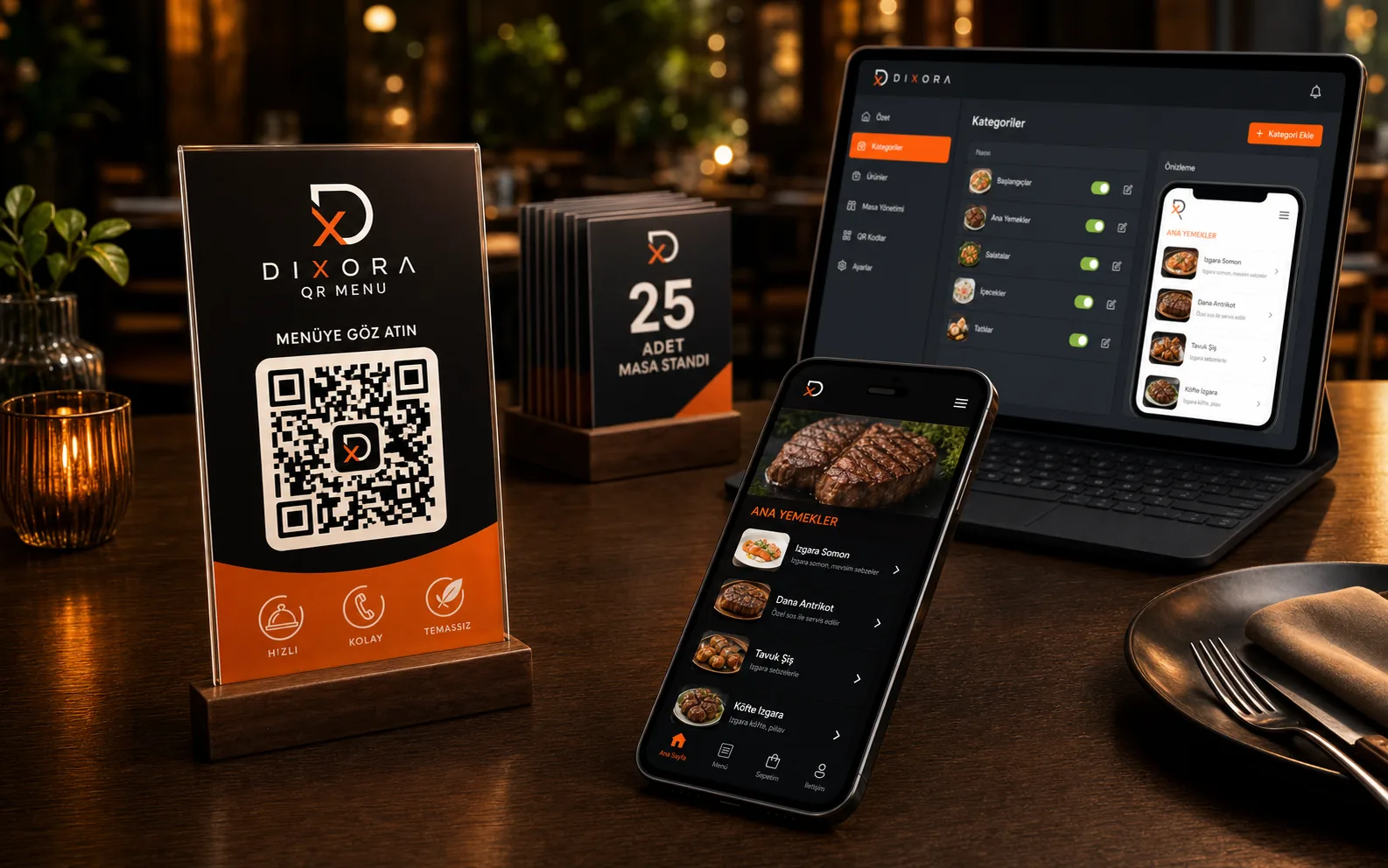 Dixora Tech QR menü sistemi örnek ekranı ve masa standı