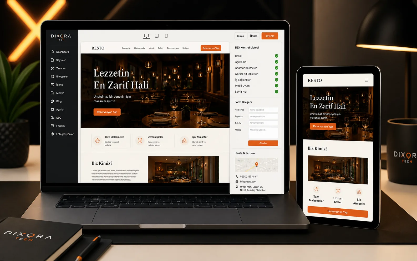 Dixora Tech web sitesi tasarım ve SEO kontrol ekranı